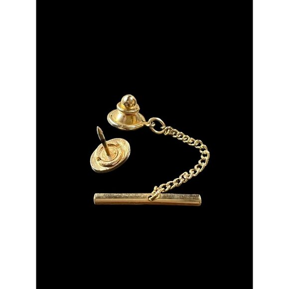 Vintage Oval Gold Tone Cufflinks Clasps and Tie Pin with Imitation Diamond Inlay - Picture 4 of 5